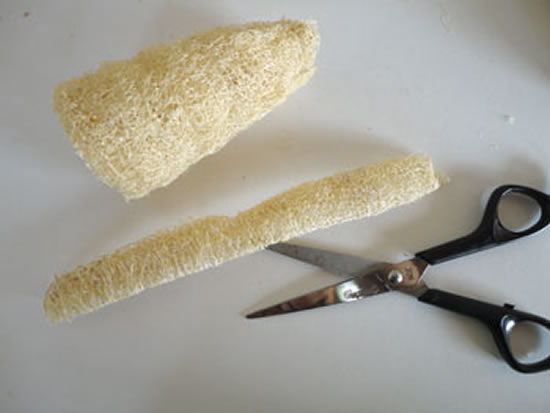 Bucha vegetal sendo cortada com tesoura
