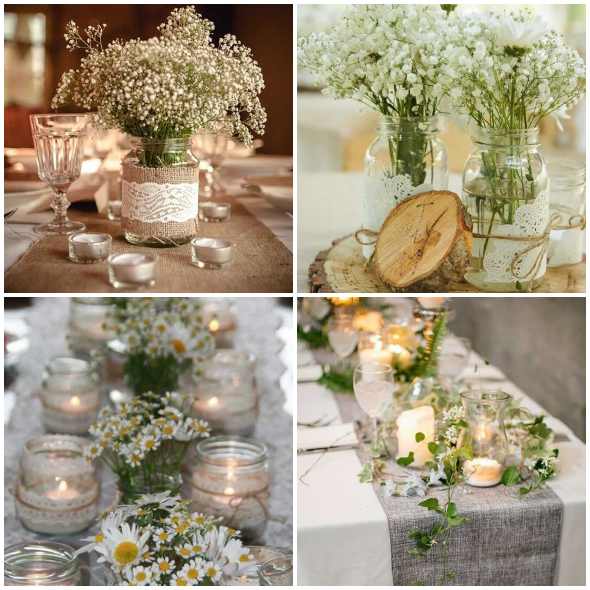 Potes de vidro para decoração de mesa de casamentos